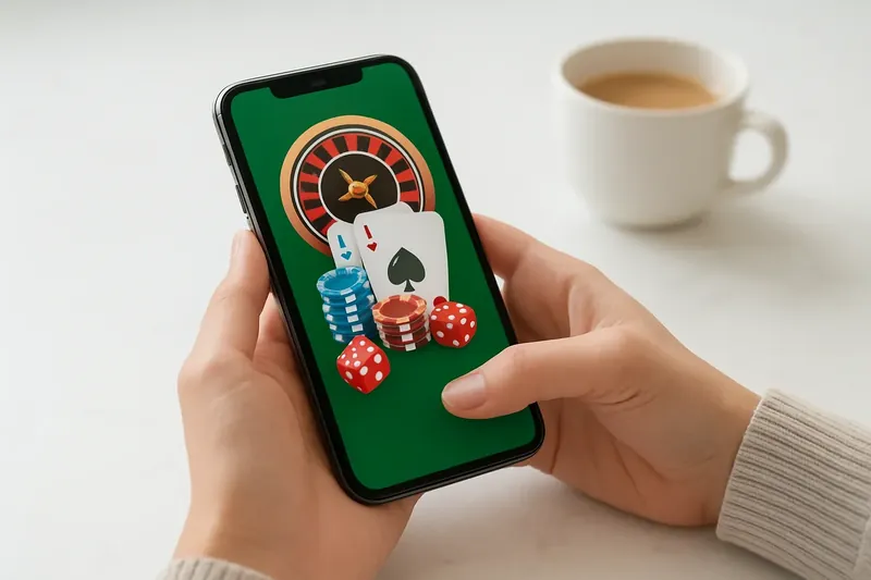 Close-up of hands holding smartphone with casino app on marble surface