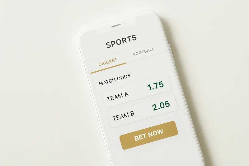 Phone screen showing cricket match betting odds in modern white and gold UI