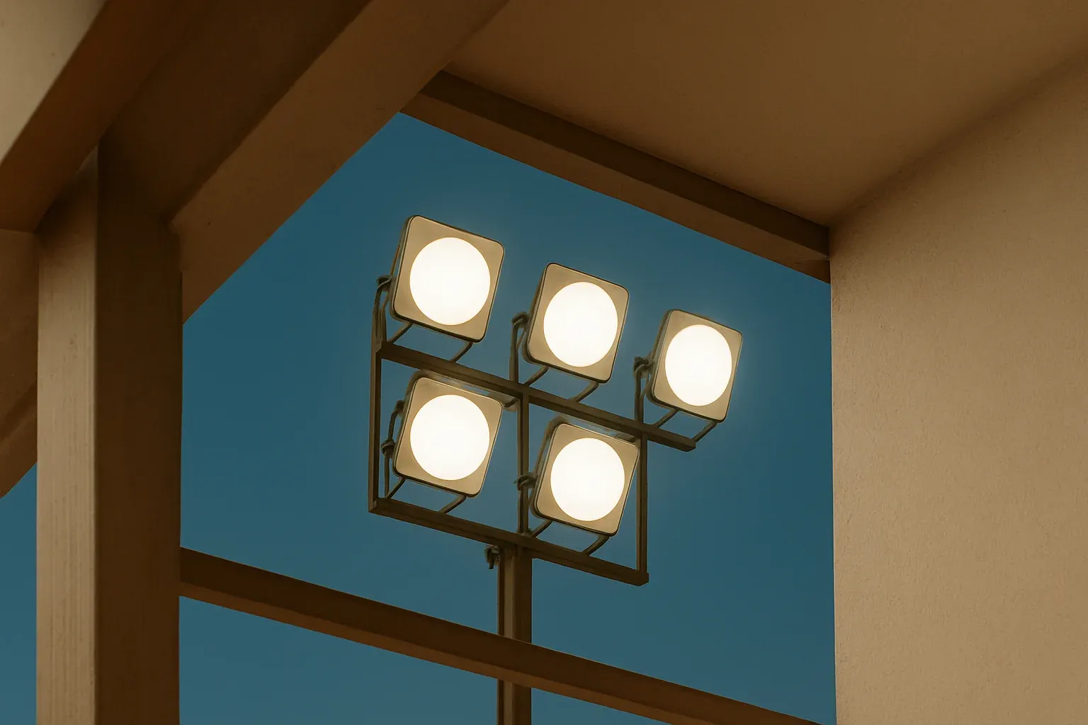 Looking up at four bright stadium floodlights against darkening blue sky