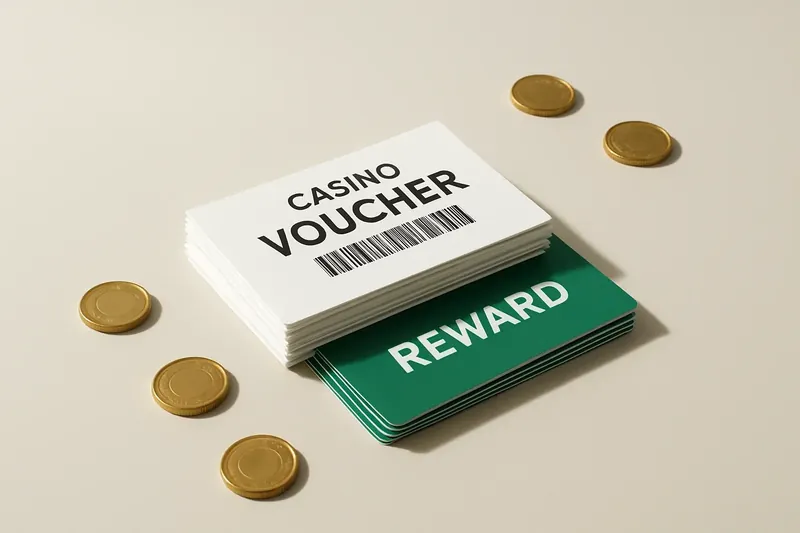 Stack of casino bonus vouchers and reward cards with gold coins