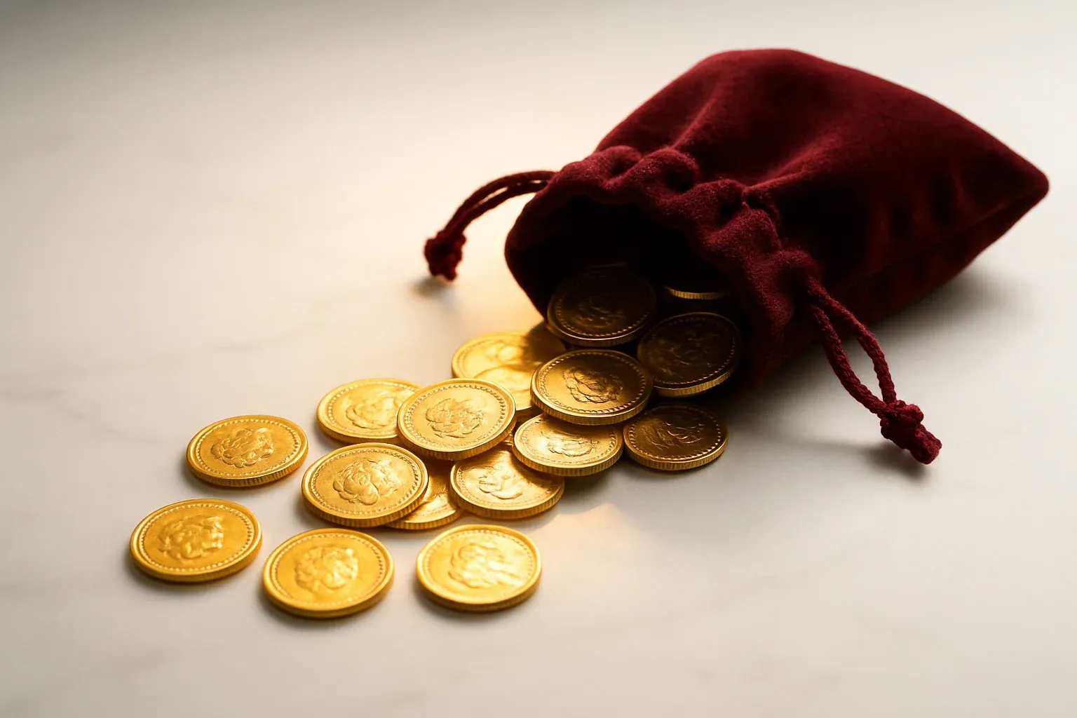 Golden Coin Cascade Golden coins cascading from velvet pouch on white marble surface