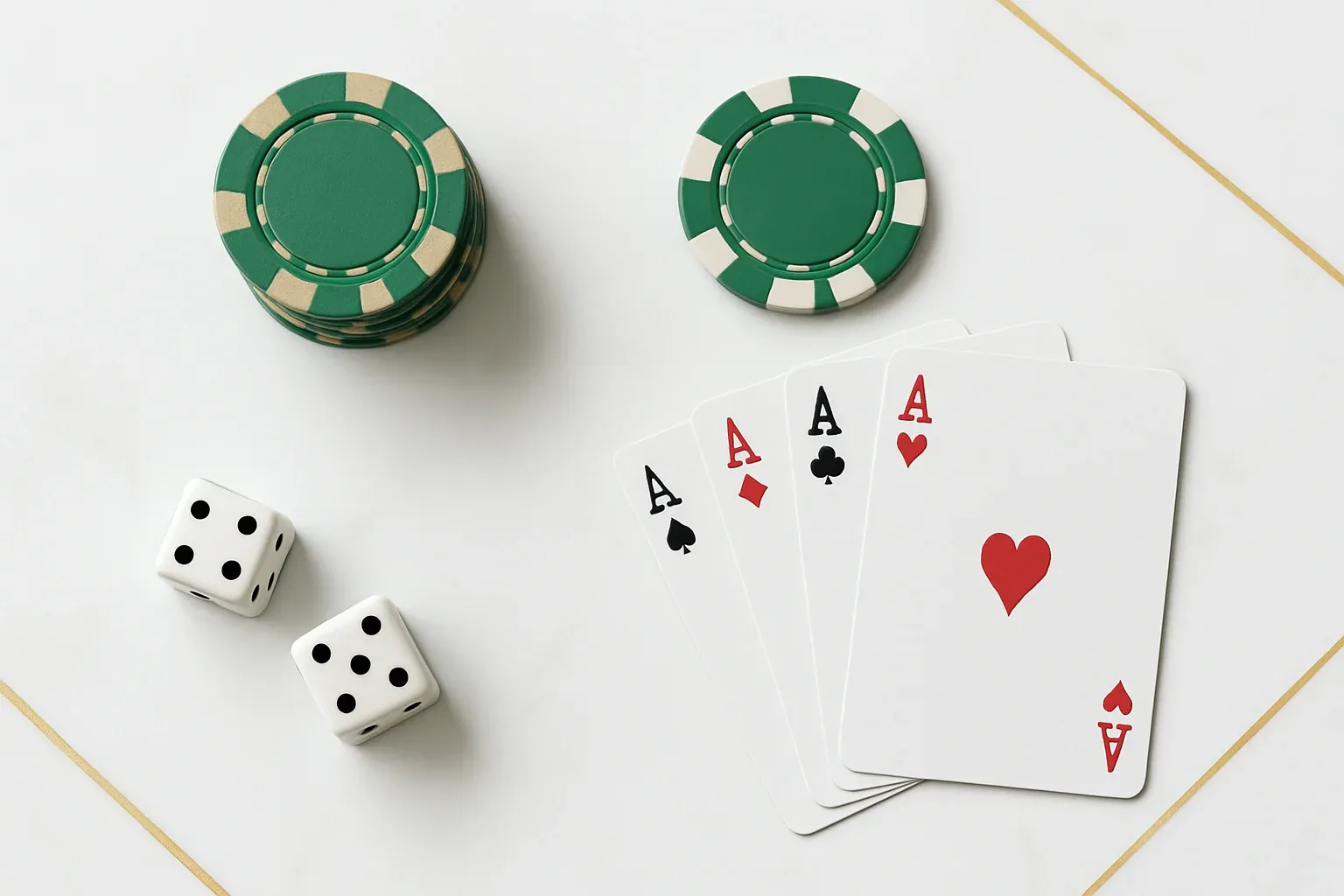Elegant casino chips, cards and dice on white marble surface