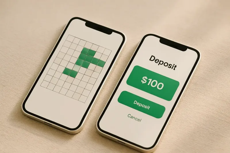 Two smartphones on cream background showing game grid and deposit screen