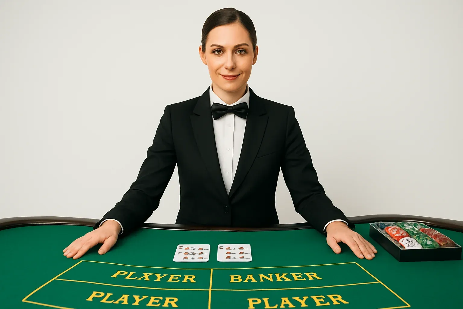 Live Dealer Baccarat Professional female dealer at elegant live baccarat table in casino