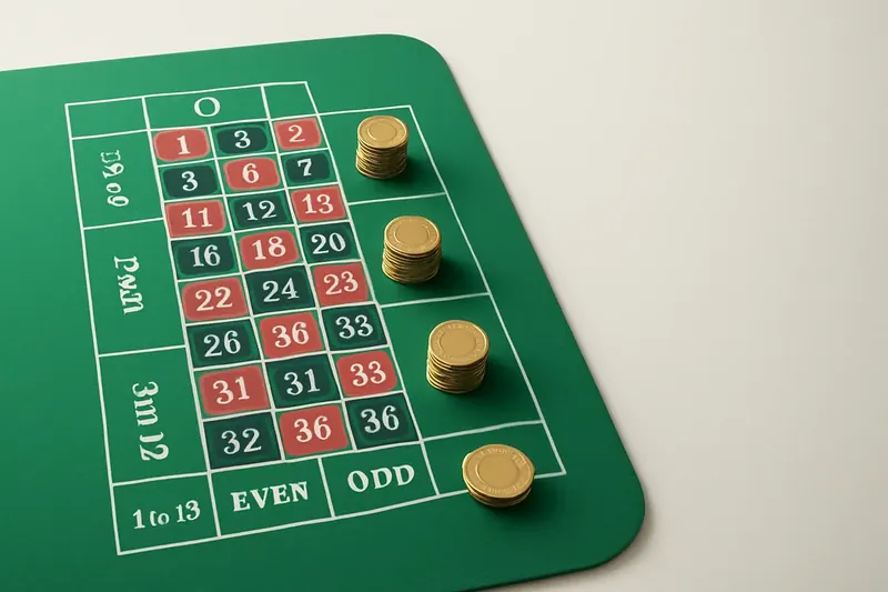 Top-down roulette table layout with green felt and gold chips