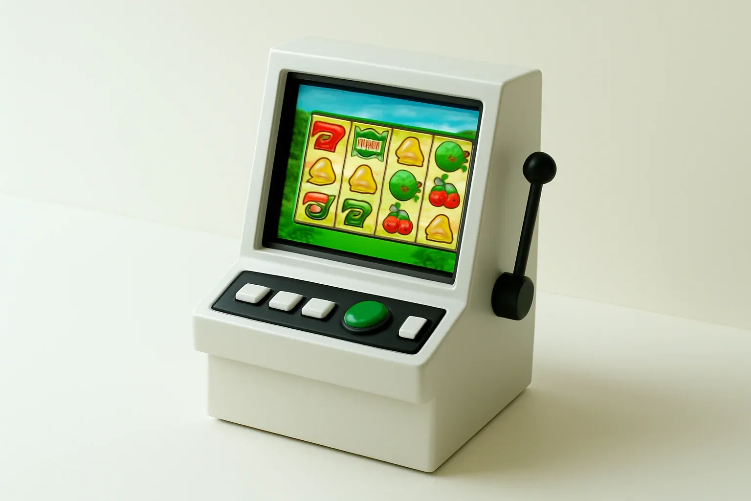 Studio Slot Machine White studio shot of angled slot machine with vibrant game screen